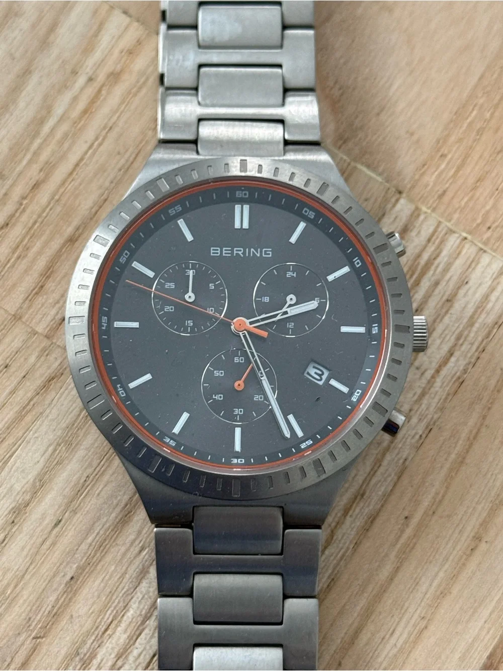 Bering Titanium Chronograph Mens Watch All Titanium Bracelet Case Black Dial